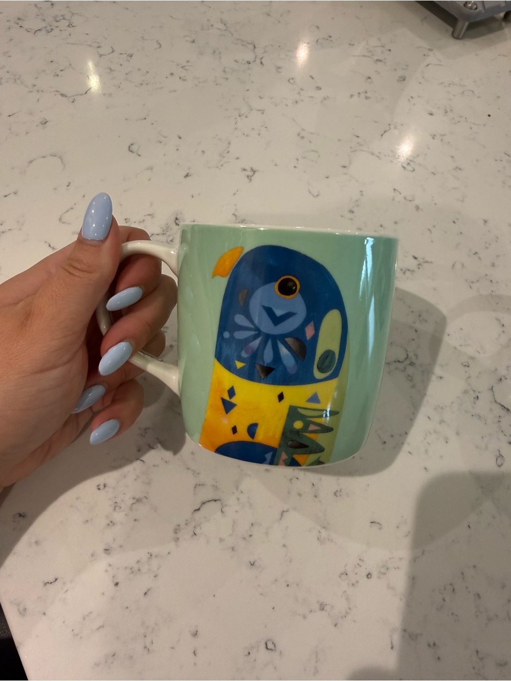 Ceramic Bird Print Mug in Mint Green, Blue and Yellow